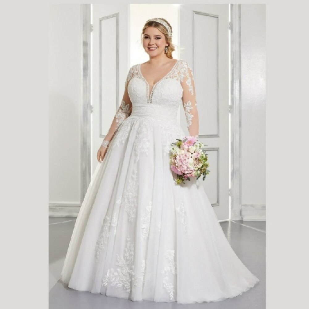 Mori Lee Julietta Ama Lace Tulle Long Sleeve Ball Gown Train Wedding Dress Sz 22
